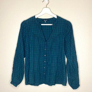 Madewell Pleated Button Down shirt, size XXS, blue/green striped